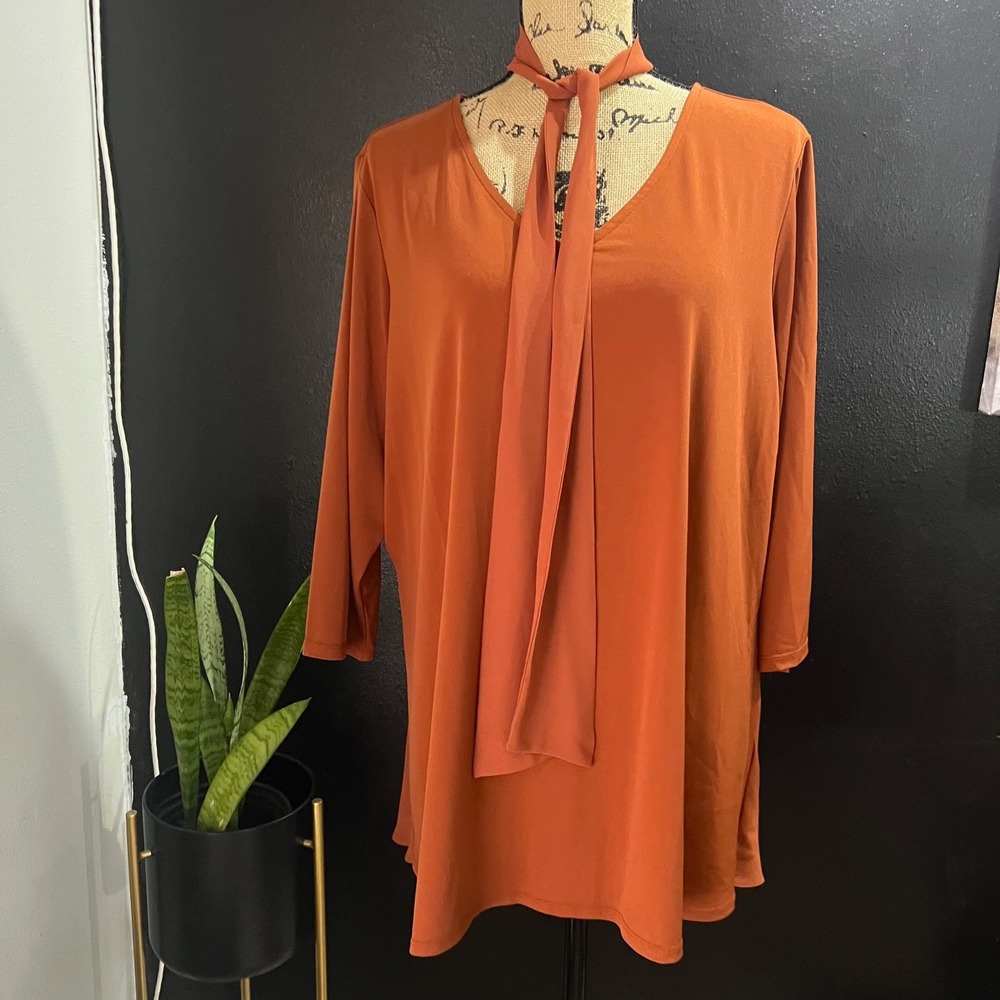 Susan Graver 1X Long Sleeve Tunic Neck Tie Lightweight‎ Rust Casual Versatile